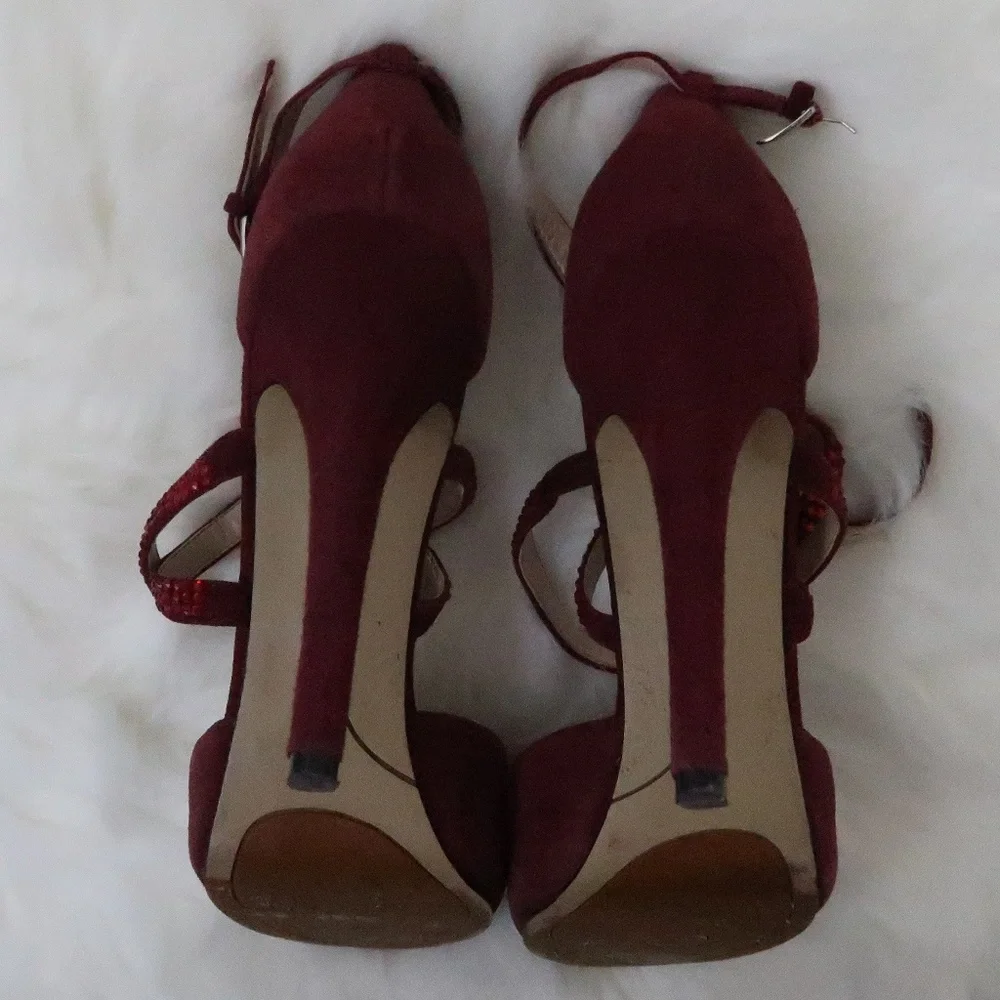 Nine West Burgundy Red Suede Peep-Toe High Heels with Red Rhinestone Straps